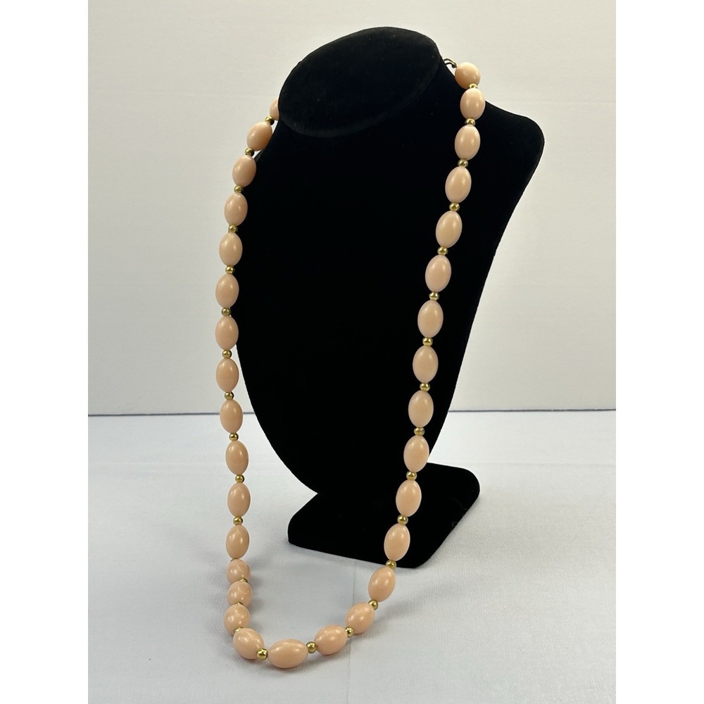 Vintage Light Pink Plastic Bead Long Necklace Over Head Retro Costume Jewelry